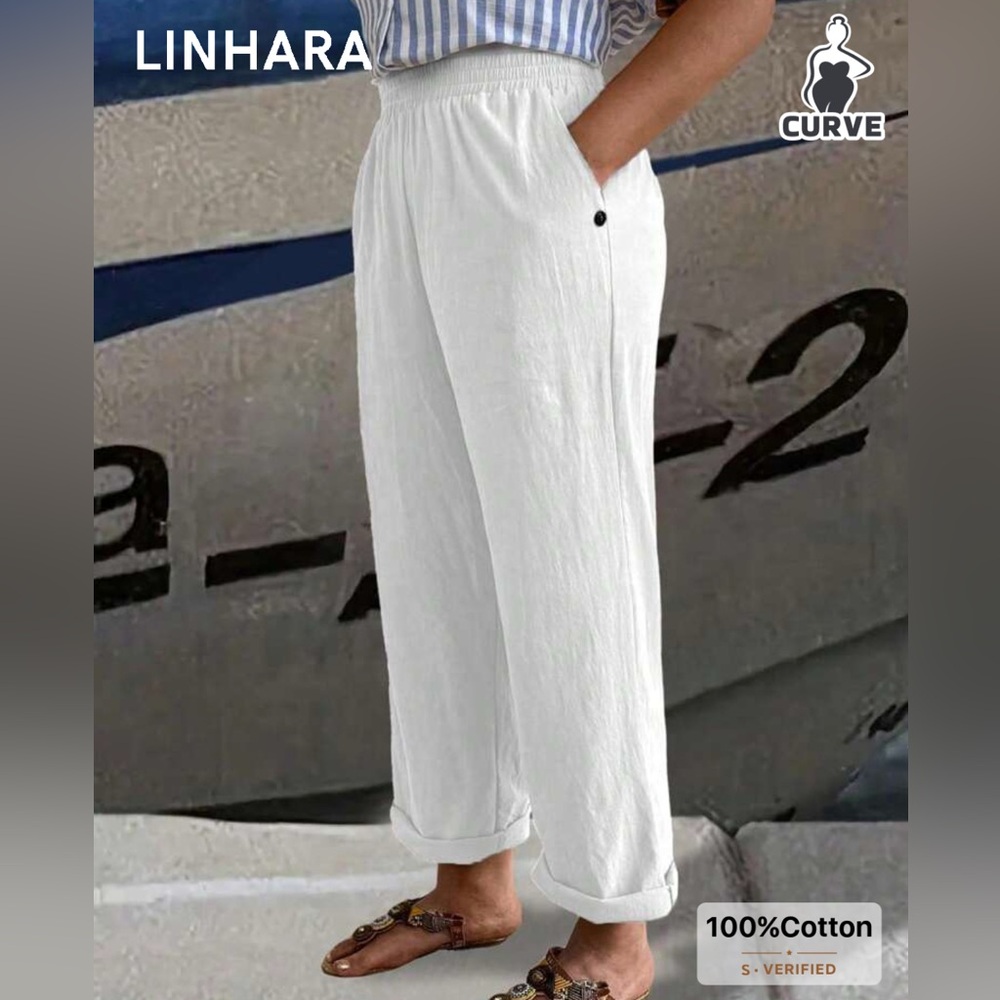 Linhara 100% Cotton White Straight Leg Pull On Pants 2X NWT